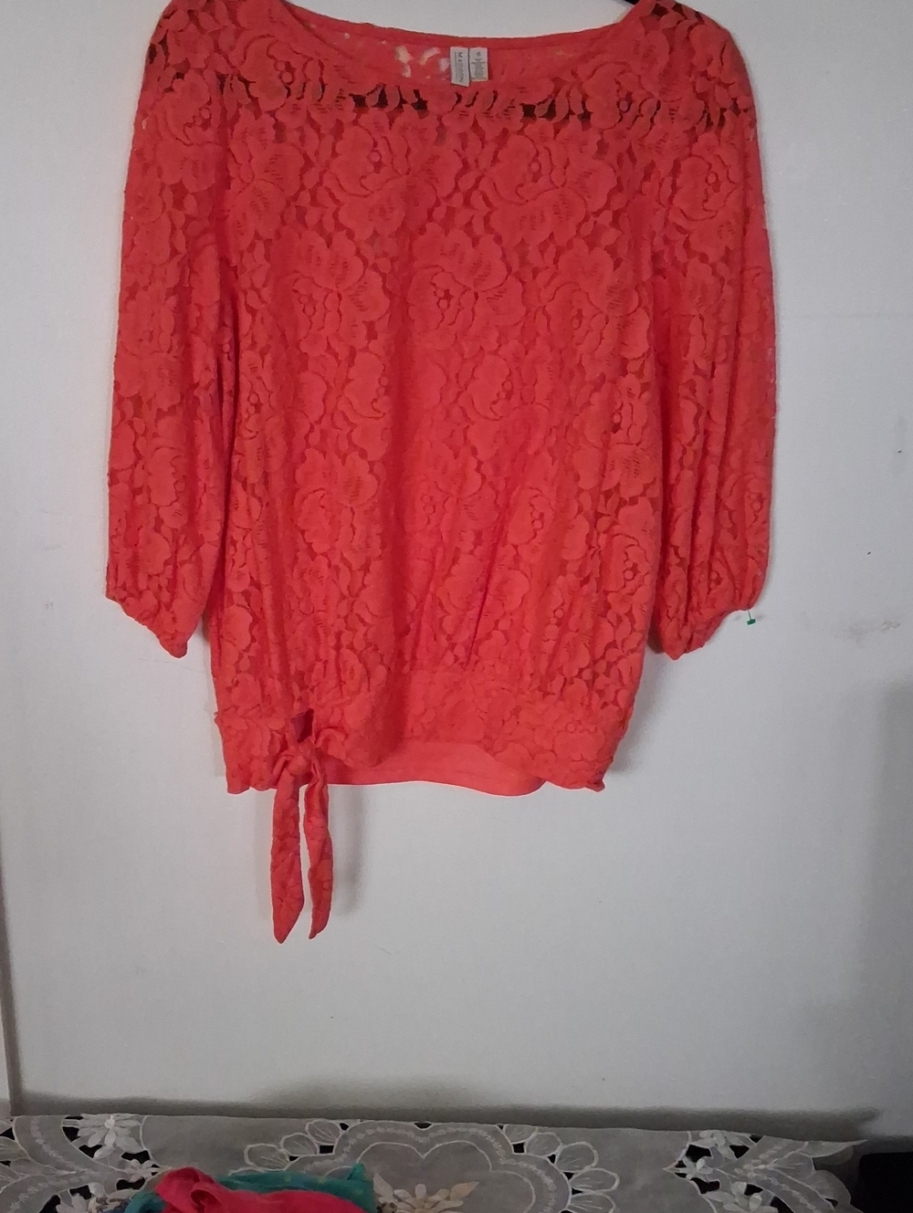 Madison Coral Lace Boat Neck Tie-Hem Blouse